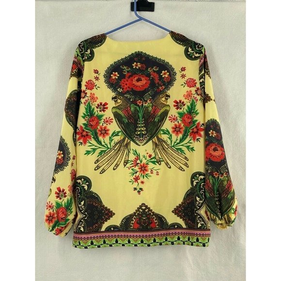 Womens Tunic Top Yellow Red Floral Parrots Long Sl - Picture 9 of 11